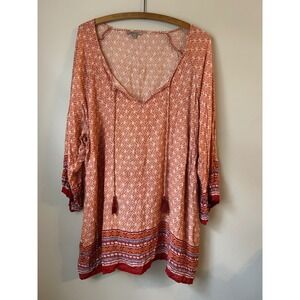 Soiree Orange White Geometric Tassel V Neck Tunic Top Plus Size 2X Boho Chic‎